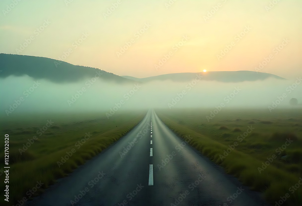 Fototapeta premium A deserted countryside road disappearing into thick fog.