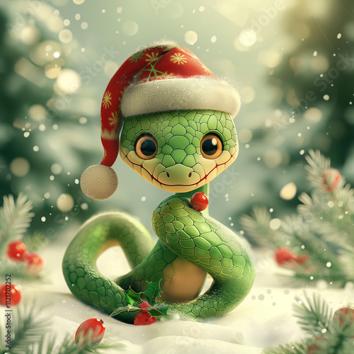 Year of the Snake: Green playful and coy little snake in a red hat, festive and whimsical mood photo