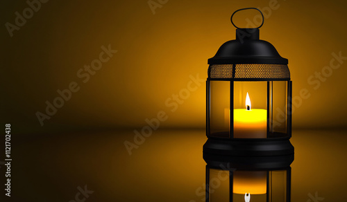 Muslim Holy Month Ramadan Kareem - Ornamental Arabic Lantern With Burning Candle Glowing At Evening
 photo