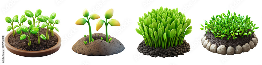A patch of farmland with young green sprouts emerging from dark soil realistic textures and details 3D illustration isolated on white and transparent background A patch of farmland with young green sprouts emerging from dark soil realistic textures and details 3D illustration isolated on white and transparent background