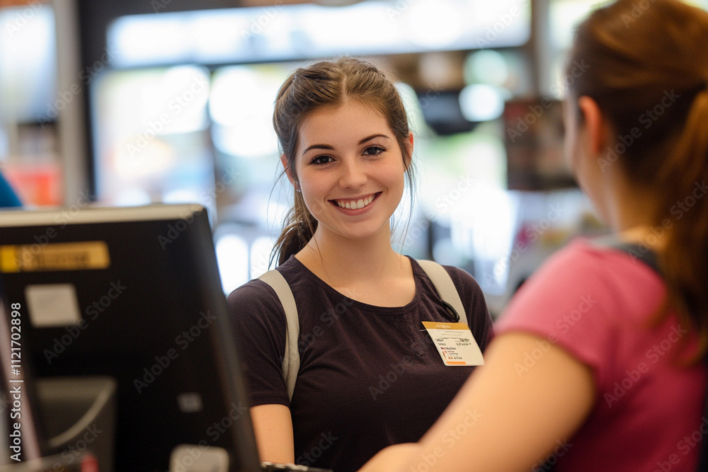 Fototapeta premium Young woman smiling at customer in retail store checkout
