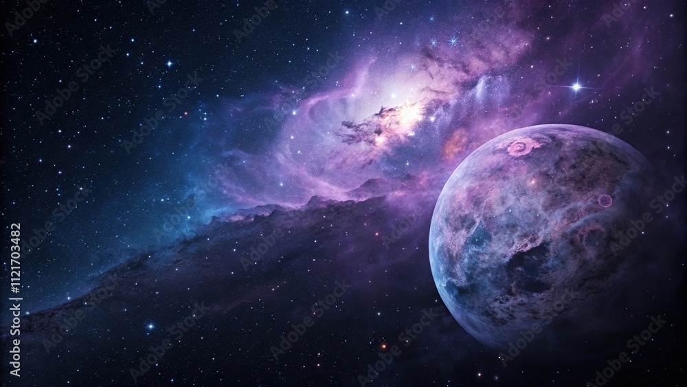 Celestial body with swirling clouds of purple and blue mist in the vastness of outer space, abstract space, purple mist Celestial body with swirling clouds of purple and blue mist in the vastness of outer space, abstract space, purple mist
