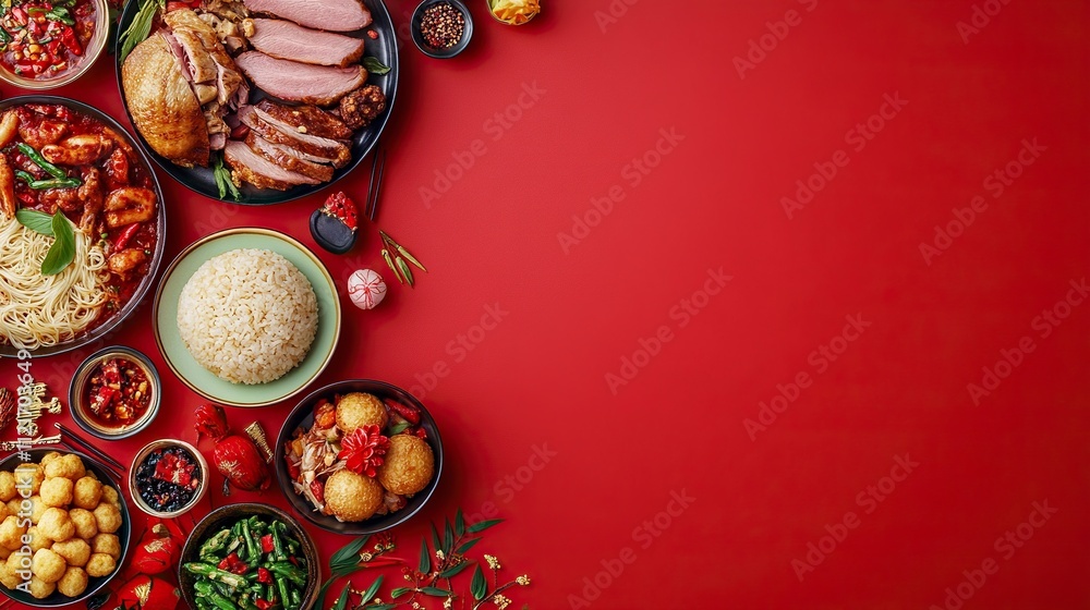 Traditional Chinese lunar New Year dinner table, menu background with pork, fried fish, chicken, rice balls, dumplings, fortune cookie, nian gao cake, noodles, chinese decorations. Top view. Traditional Chinese lunar New Year dinner table, menu background with pork, fried fish, chicken, rice balls, dumplings, fortune cookie, nian gao cake, noodles, chinese decorations. Top view.