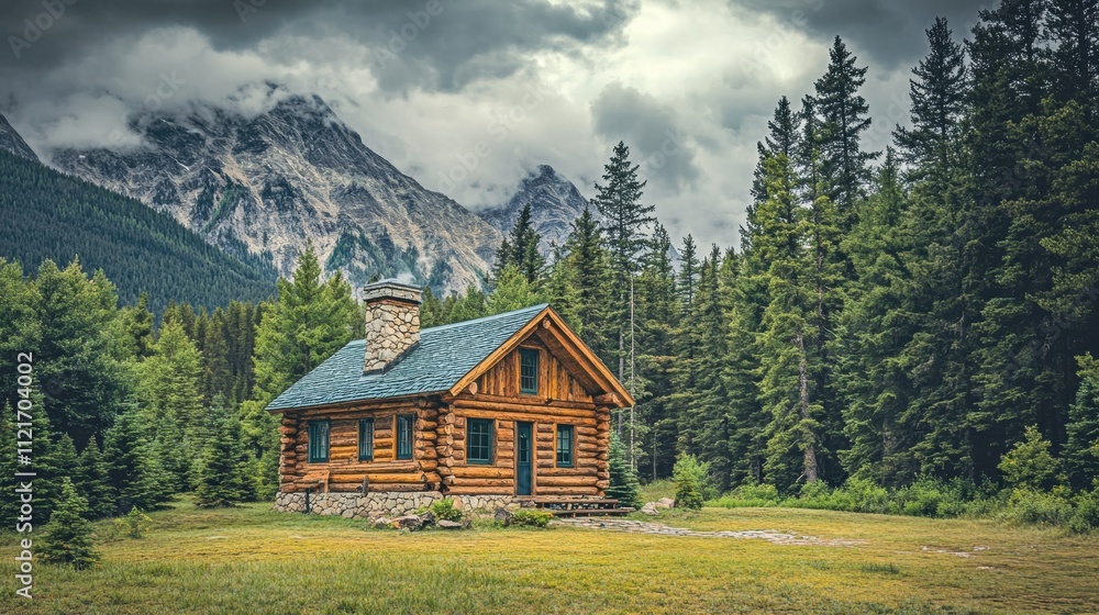 Rustic Mountain Cabin in Lush Forest Landscape Rustic Mountain Cabin in Lush Forest Landscape