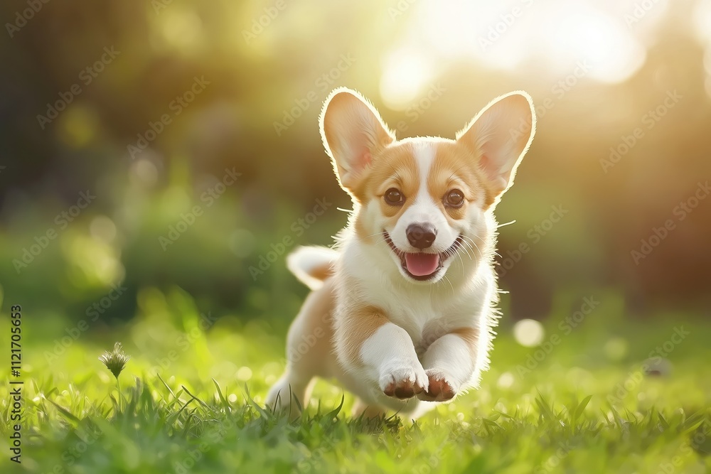 Happy corgi puppy running on a green grass Happy corgi puppy running on a green grass