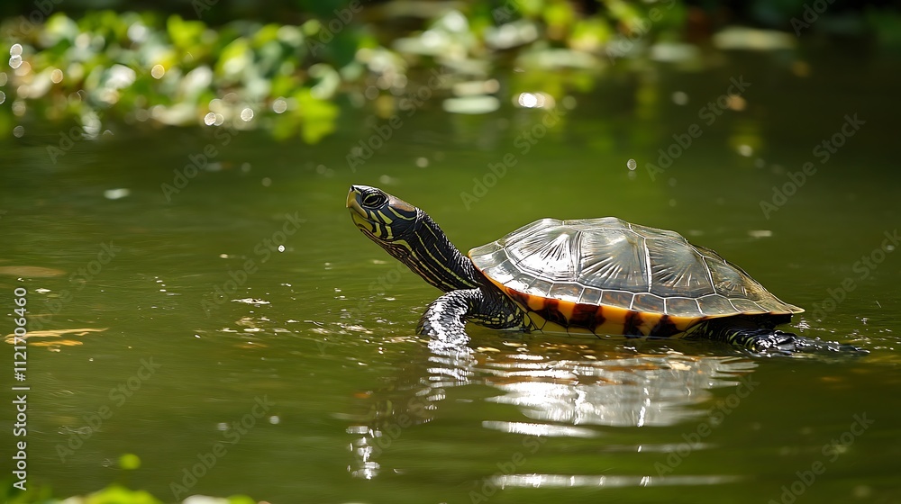 Fototapeta premium A turtle swims gracefully in a serene pond, sunlight reflecting on its shell.