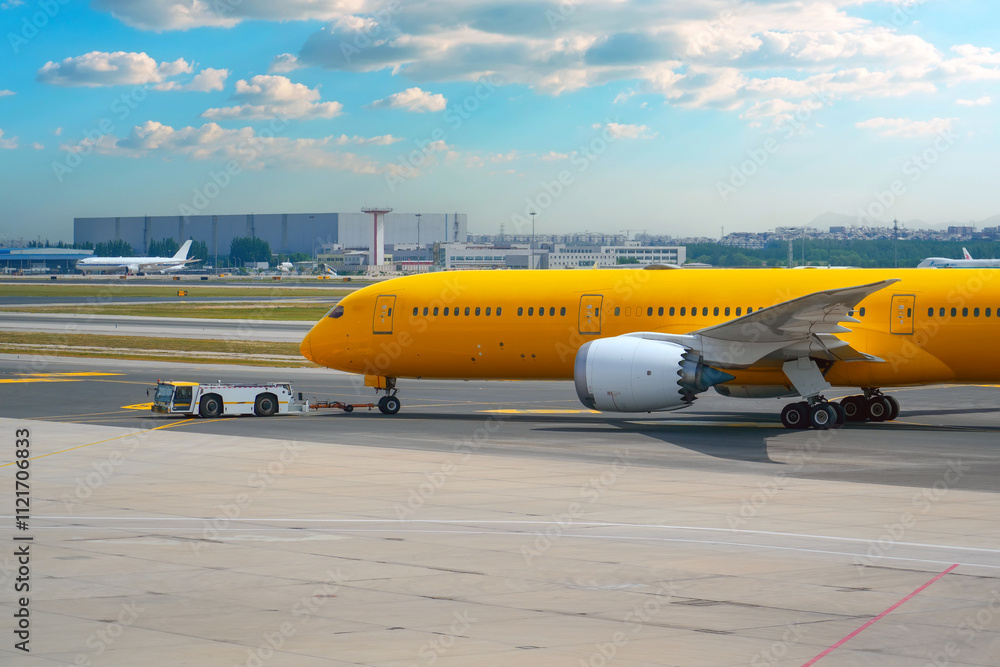 Aircraft push the tow tractor before starting the engines and taxiing, side view. Aircraft push the tow tractor before starting the engines and taxiing, side view.