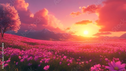 Serene sunset over a field of pink flowers. Magical landscape.
