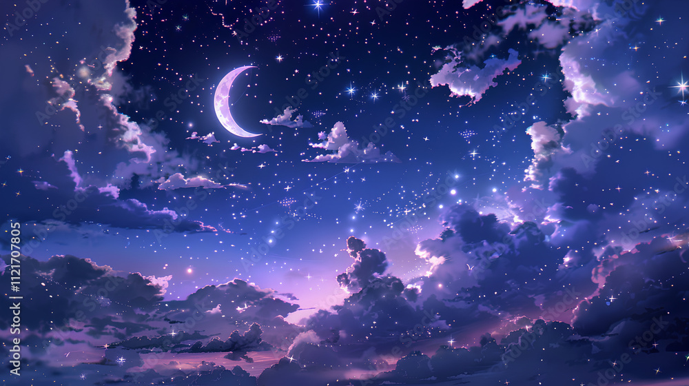 Fototapeta premium anime-style sky with a crescent moon and clouds, in pastel pink and purple colors with stars twinkling in the night sky and a shining crescent moon.