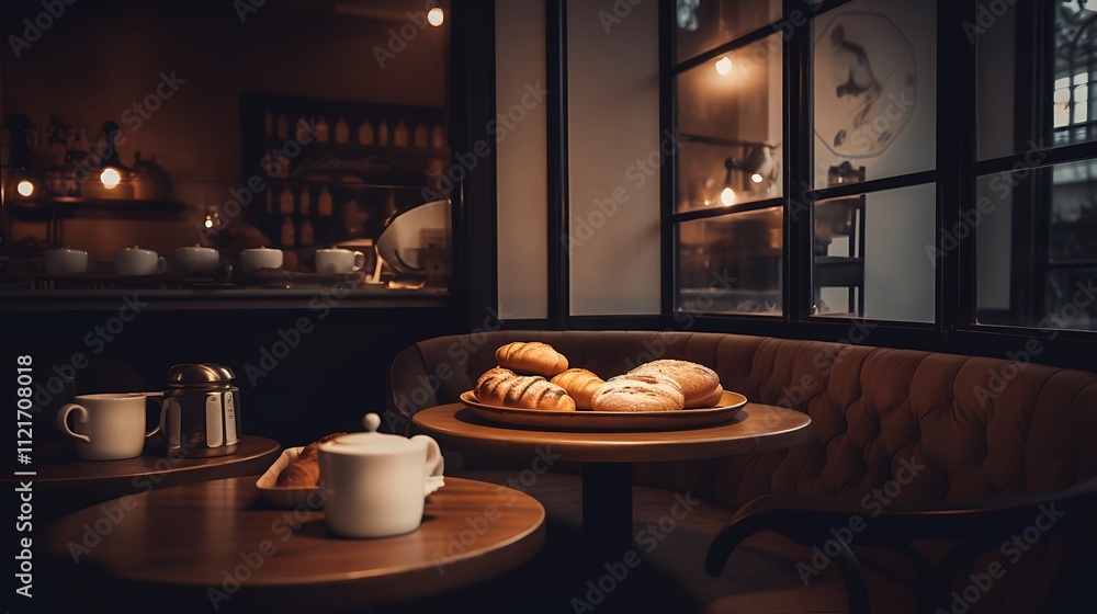Warm cafe interior with pastries and coffee Warm cafe interior with pastries and coffee