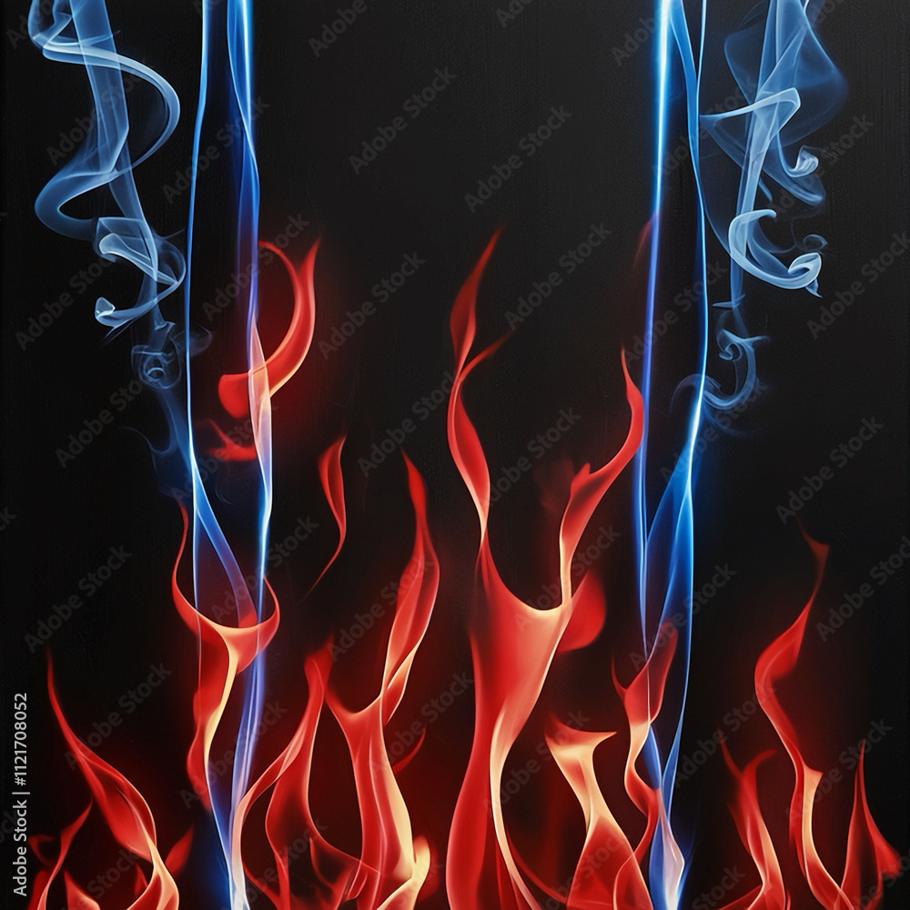 A simplified, high-contrast fire background set against a deep, rich black canvas, with vibrant, crimson red flames dancing amidst streaks of piercing, electric blue, both hues radiating an intense, f A simplified, high-contrast fire background set against a deep, rich black canvas, with vibrant, crimson red flames dancing amidst streaks of piercing, electric blue, both hues radiating an intense, f