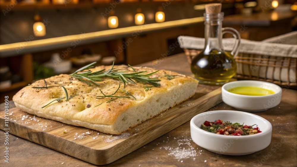 Classic Rosemary Focaccia Served on Rustic Wooden Board Classic Rosemary Focaccia Served on Rustic Wooden Board