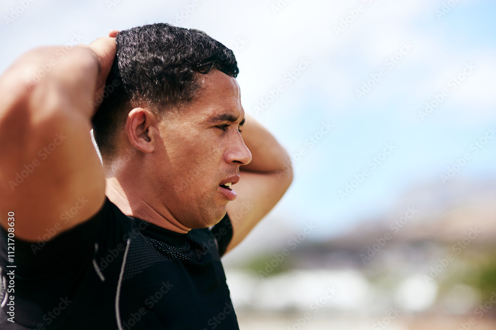 Man, tired and outdoor for fitness with break, sweat and exhausted at rugby game. Sports, athlete and fatigue at stadium for challenge, intense workout and cardio exercise for wellness in match Man, tired and outdoor for fitness with break, sweat and exhausted at rugby game. Sports, athlete and fatigue at stadium for challenge, intense workout and cardio exercise for wellness in match