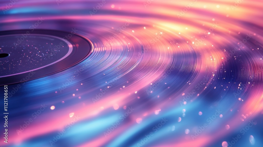 Vibrant neon vinyl record: close-up of grooves under colorful lights Vibrant neon vinyl record: close-up of grooves under colorful lights