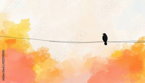 Serene Silhouette of a Single Bird Perched on a Wire Against a Soft Colorful Background photo