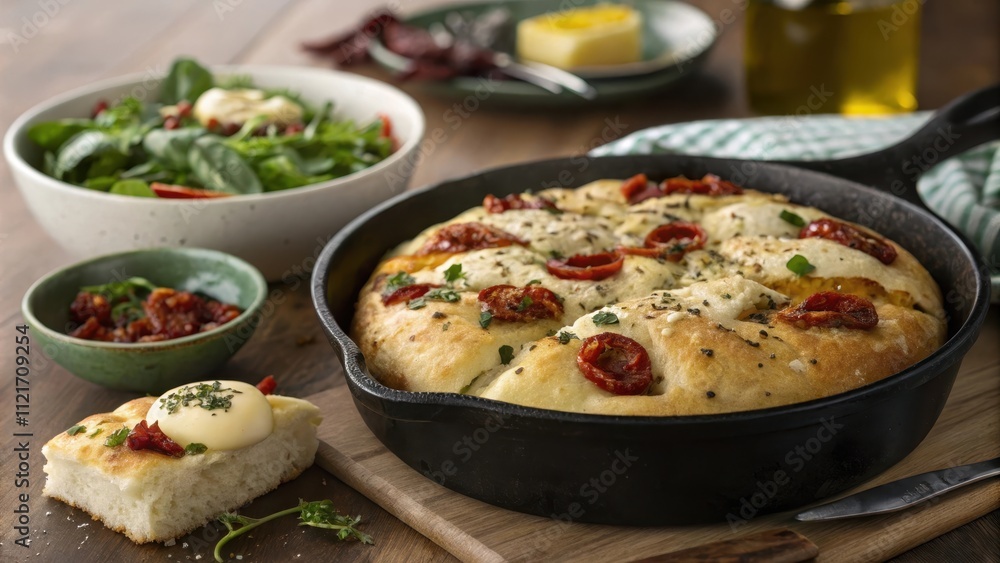 Hearty stuffed focaccia served in a cast iron skillet with sides Hearty stuffed focaccia served in a cast iron skillet with sides
