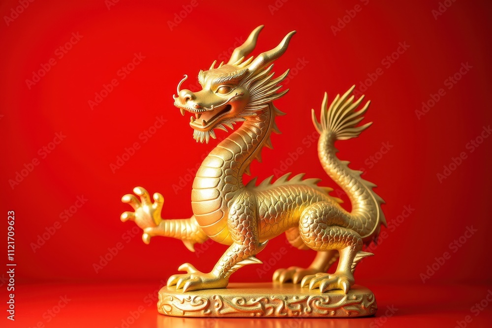 Obraz premium Golden Chinese Dragon Figurine on Red Background Symbolizing Prosperity and Good Fortune for Lunar New Year Celebrations and Festivities