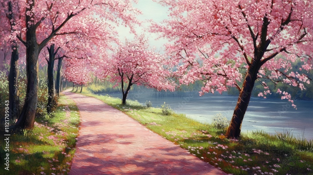 Pink cherry blossom trees line a path beside a calm river. Pink cherry blossom trees line a path beside a calm river.