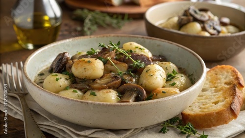 Rustic mushroom gnocchi served in deep ceramic bowl with herbs