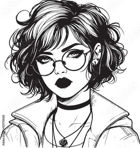 Gothic girl portrait lineart vector transpatent background