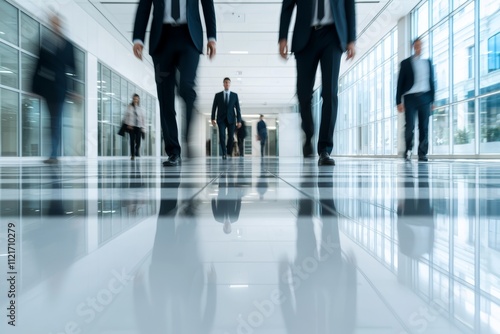 Fast-paced corporate life: Professionals in motion, blurred movement in a modern office corridor.