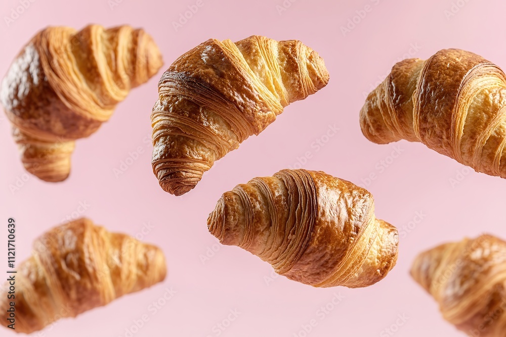 French pastry croissants in air