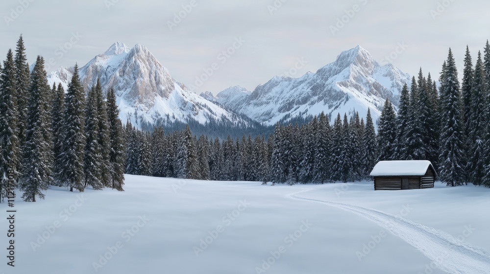 Two rustic wooden cabins sit peacefully in a snowy landscape. Majestic mountains rise in the background as the sun sets, casting a warm glow over the scene. Two rustic wooden cabins sit peacefully in a snowy landscape. Majestic mountains rise in the background as the sun sets, casting a warm glow over the scene.