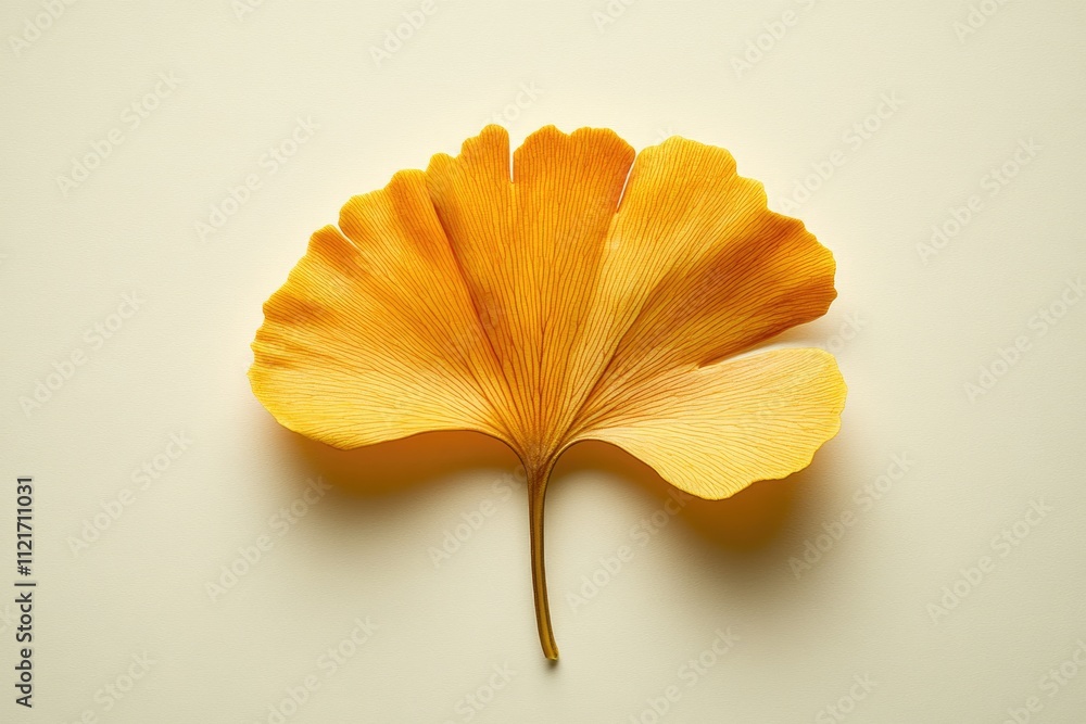 A single, vibrant yellow Ginkgo Biloba leaf is shown against a pale yellow background. A single, vibrant yellow Ginkgo Biloba leaf is shown against a pale yellow background.