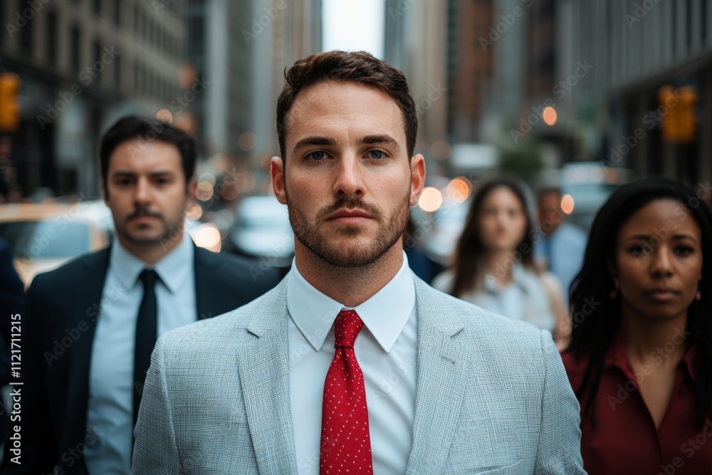 Confident leader guides diverse team through bustling city streets. Ambition and success ahead Confident leader guides diverse team through bustling city streets. Ambition and success ahead