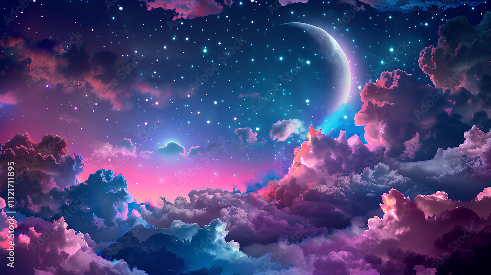 anime-style sky with a crescent moon and clouds, in pastel pink and purple colors with stars twinkling in the night sky and a shining crescent moon. anime-style sky with a crescent moon and clouds, in pastel pink and purple colors with stars twinkling in the night sky and a shining crescent moon.
