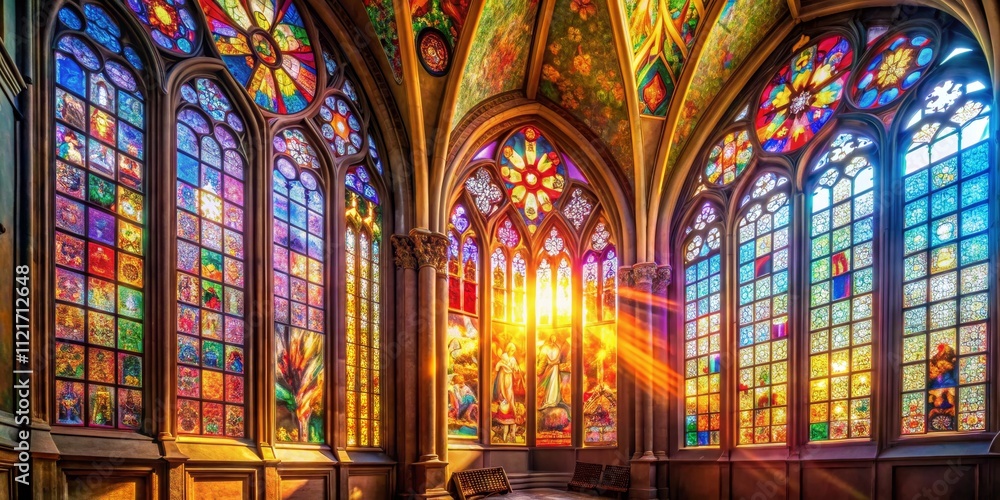 A panoramic view captures a Gothic church's colorful, stained-glass window, rich in religious symbolism and architectural detail. A panoramic view captures a Gothic church's colorful, stained-glass window, rich in religious symbolism and architectural detail.