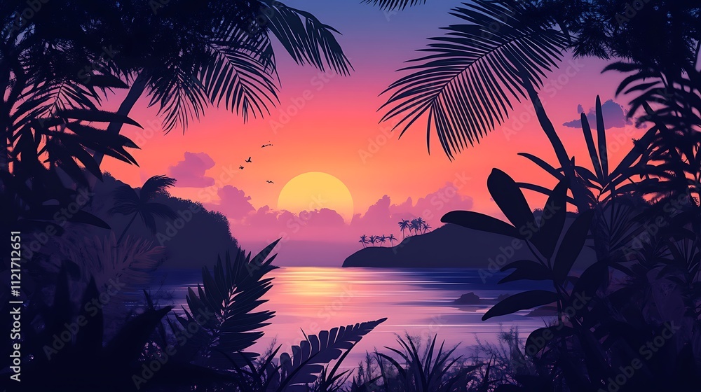 Obraz premium Serene sunset over a tropical island, viewed through lush foliage. Pink and purple hues paint the sky.