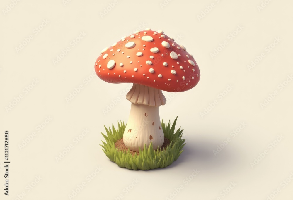 A red and white spotted mushroom with a white stem sits on a bed of green grass. A red and white spotted mushroom with a white stem sits on a bed of green grass.
