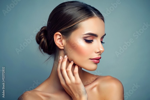 Beautiful woman's side profile highlights facial care; a delicate hand emphasizes skincare against a pure white.
