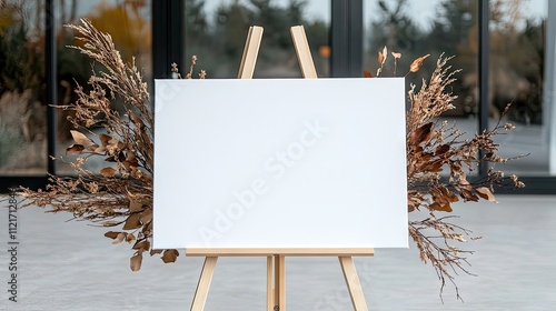 A blank canvas rests on an easel adorned with white flowers, set in a serene park filled with lush trees and a winding path, creating a perfect space for creativity and inspiration photo