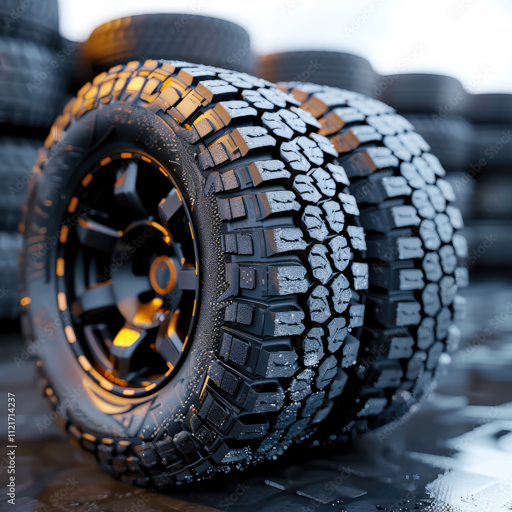 A stack of rugged black tires with detailed tread patterns, arranged chaotically on a flat. A stack of rugged black tires with detailed tread patterns, arranged chaotically on a flat.