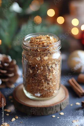 holiday gingerbread granola in a glass jar on rustic wood with cinnamon and festive decorations in background