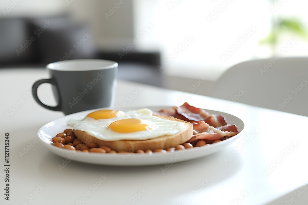 English breakfast spread of eggs bacon beans and toast English breakfast spread of eggs bacon beans and toast