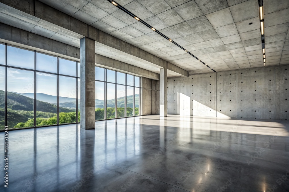 Captivating Empty Concrete Interior Space with Raw Aesthetic, Showcasing Textured Walls, Natural Light Streaming Through Windows, and Minimalist Design Elements for Architectural Photography