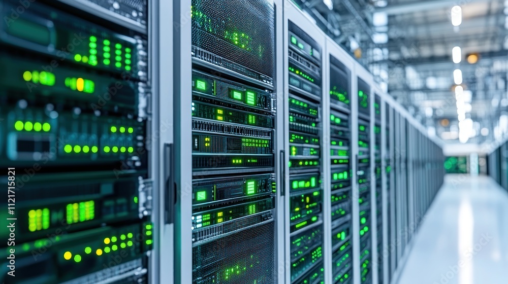 Rows of glowing server racks display intricate technology, emphasizing the power of data processing Rows of glowing server racks display intricate technology, emphasizing the power of data processing