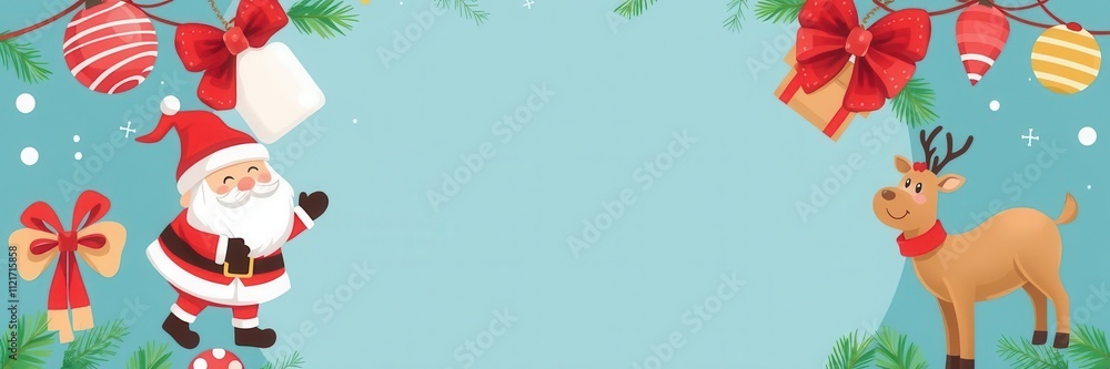 Round Christmas banner with adorable snowman, reindeer, and Santa Claus illustrations in festive colors, Christmas, holiday, illustration Round Christmas banner with adorable snowman, reindeer, and Santa Claus illustrations in festive colors, Christmas, holiday, illustration