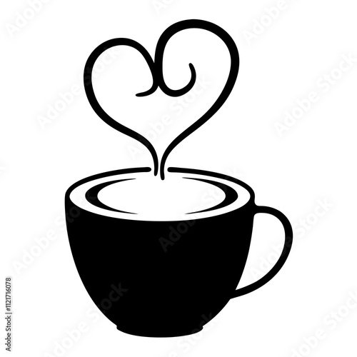 Coffee cup with heart steam silhouette, Coffee beans linear symbol. Vector illustration isolated on white.