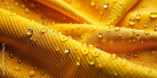 Close-Up of Yellow Waterproof Fabric with Raindrops in Tilt-Shift Photography Style, Showcasing the Texture and Vibrancy of the Material Under Natural Lighting Conditions photo