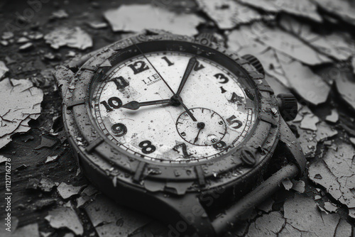 Wallpaper Mural an old, time-worn wristwatch against a background of a surface covered with cracks and peeling paint, which can symbolize the passage of time, its inexorability and eternal flow. Torontodigital.ca