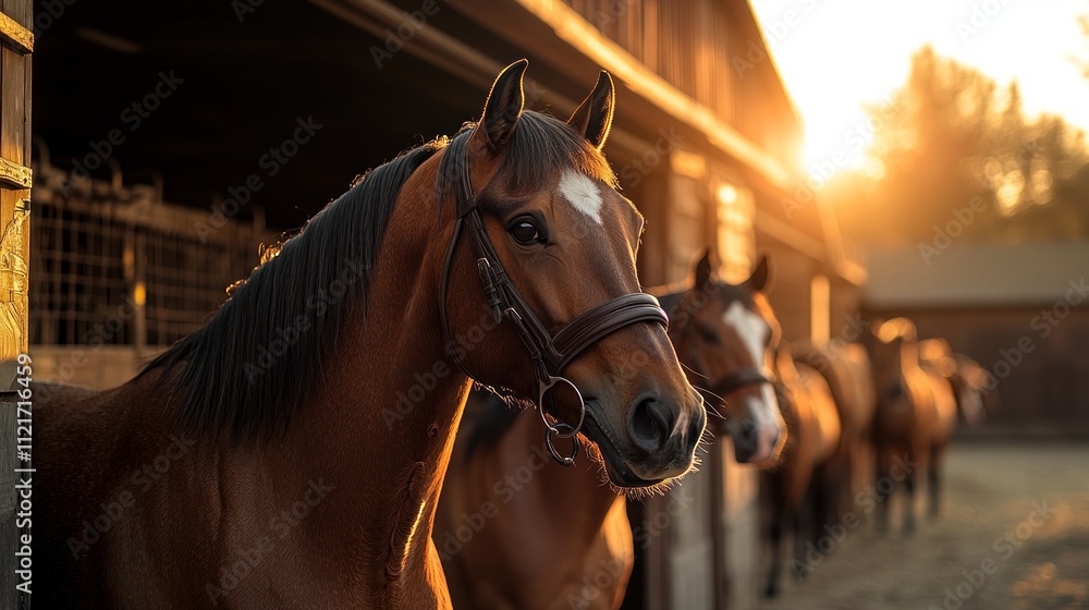 Fototapeta premium Horses stand proudly in their stables as the sunset paints the sky with warm hues