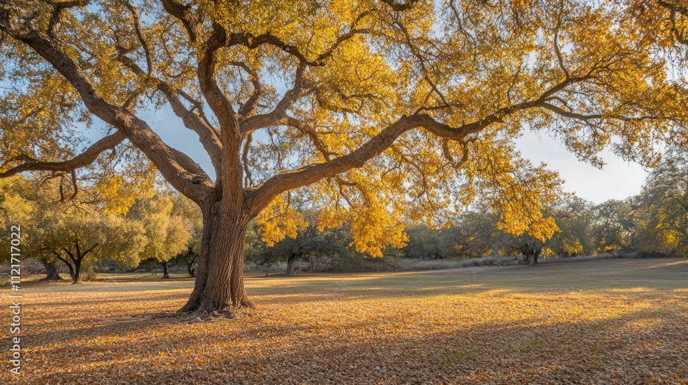 Golden autumn leaves under large oak tree. Golden autumn leaves under large oak tree.