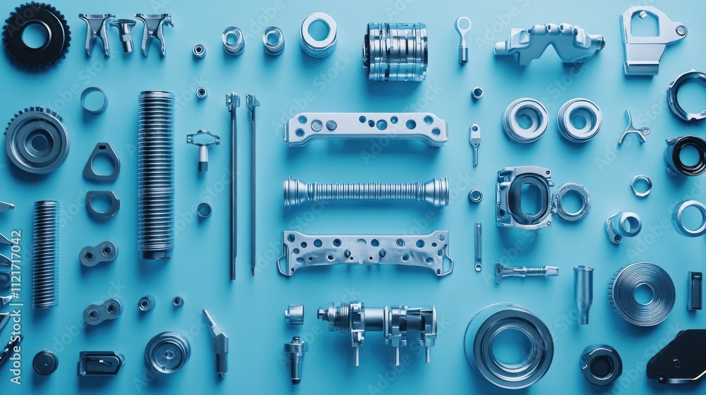 Collection of Industrial Metal Parts Arranged on Blue Background Collection of Industrial Metal Parts Arranged on Blue Background