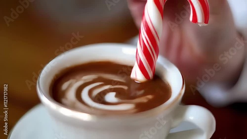 Hot cocoa being stirred with a candy cane.