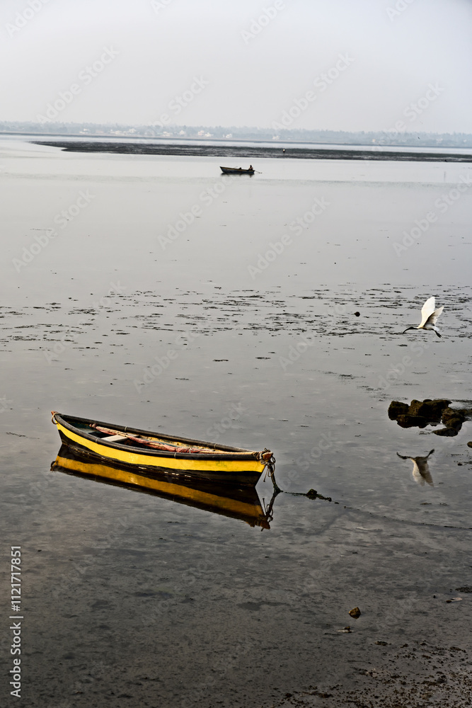 Colorful boats resting at low tide in Diu, Gujarat
