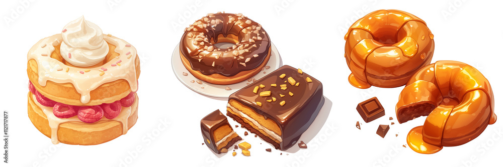 Decadent chocolate donuts with creamy filling and toppings on a transparent background. Decadent chocolate donuts with creamy filling and toppings on a transparent background.